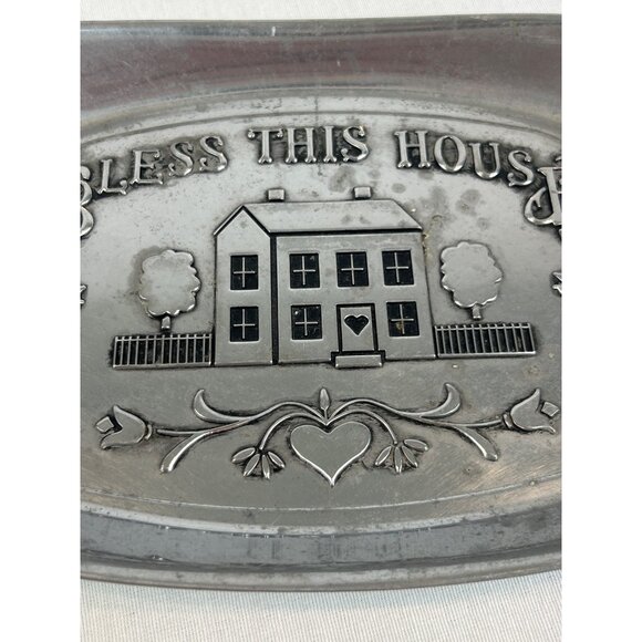 Bless This House Decorative RWP Pewter Tray 9x6.5 Heart House Design - Picture 2 of 10